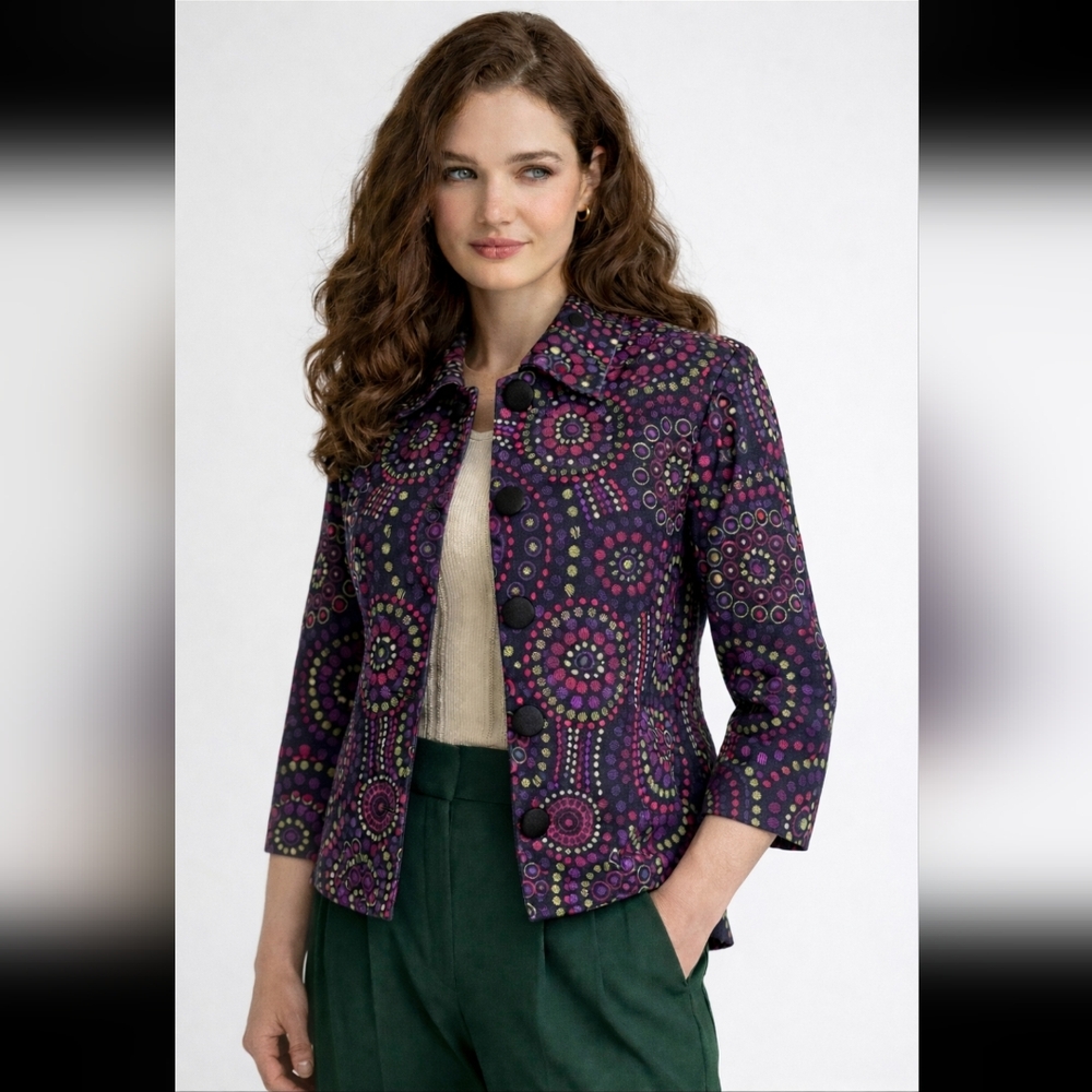 Chico's Embroidered Cotton Jacket Blazer Purple, Green, Pink 3/4 Sleeves Pockets